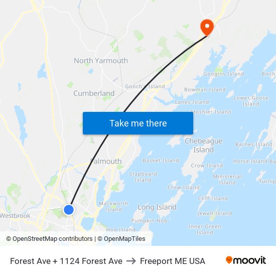 Forest Ave + 1124 Forest Ave to Freeport ME USA map