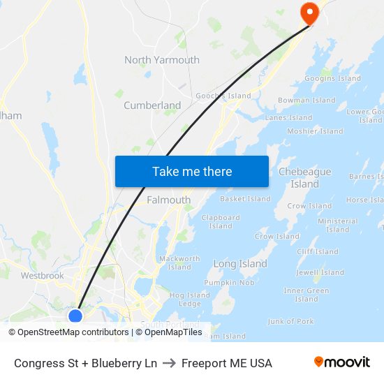 Congress St + Blueberry Ln to Freeport ME USA map