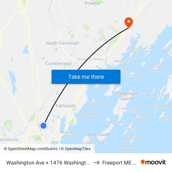 Washington Ave + 1476 Washington Ave to Freeport ME USA map