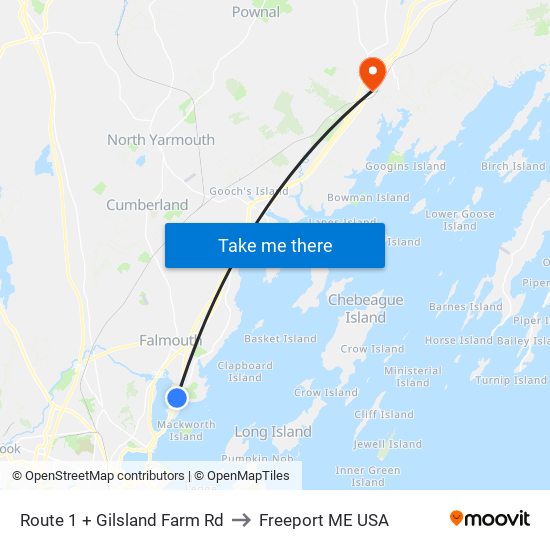 Route 1 + Gilsland  Farm Rd to Freeport ME USA map