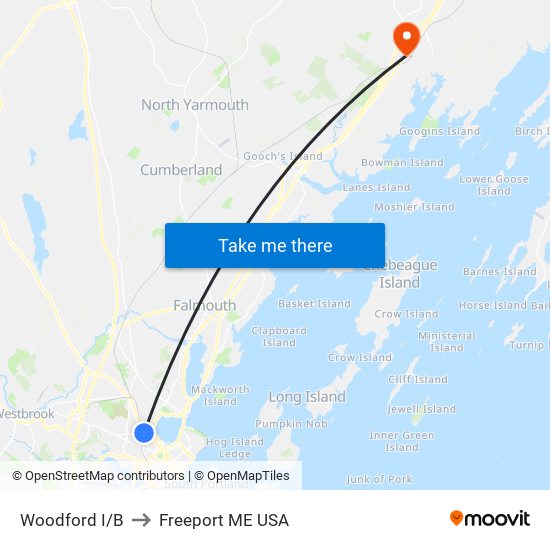 Woodford I/B to Freeport ME USA map