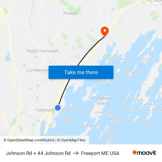 Johnson Rd + 44 Johnson Rd to Freeport ME USA map