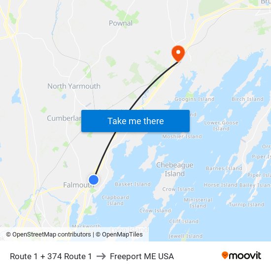 Route 1 + 374 Route 1 to Freeport ME USA map