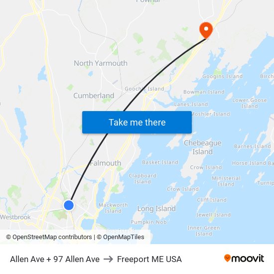 Allen Ave + 97 Allen Ave to Freeport ME USA map