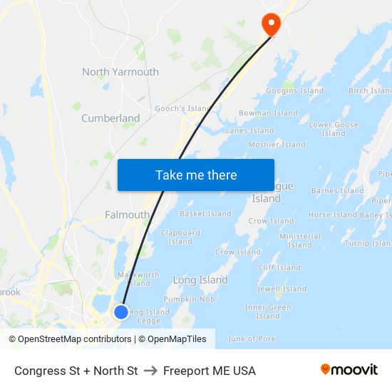 Congress St + North St to Freeport ME USA map