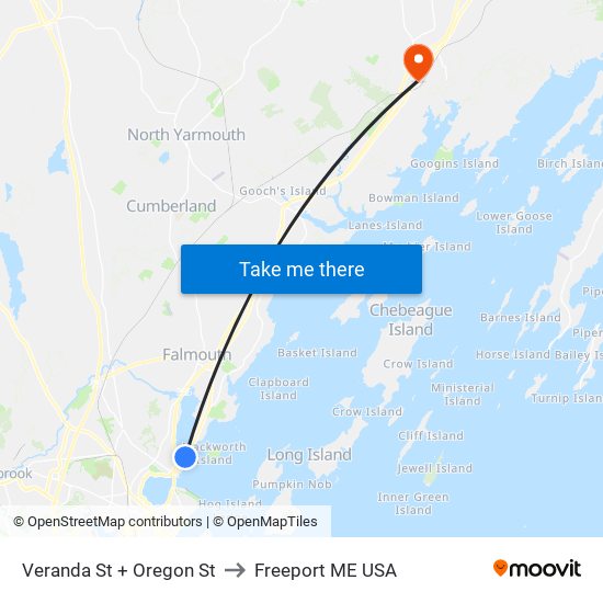 Veranda St + Oregon St to Freeport ME USA map