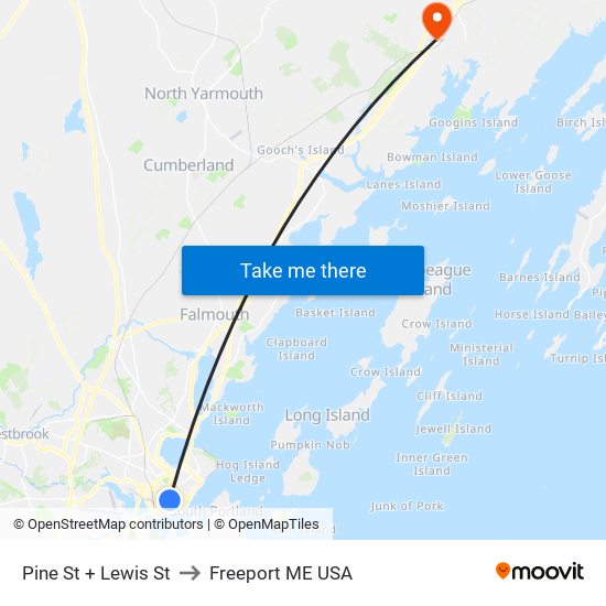 Pine St + Lewis St to Freeport ME USA map