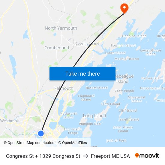 Congress St + 1329 Congress St to Freeport ME USA map