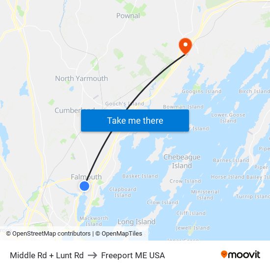 Middle Rd + Lunt Rd to Freeport ME USA map