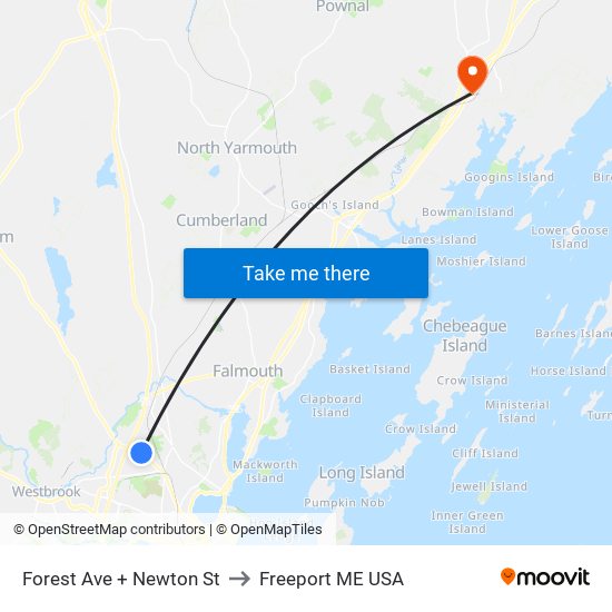 Forest Ave + Newton St to Freeport ME USA map