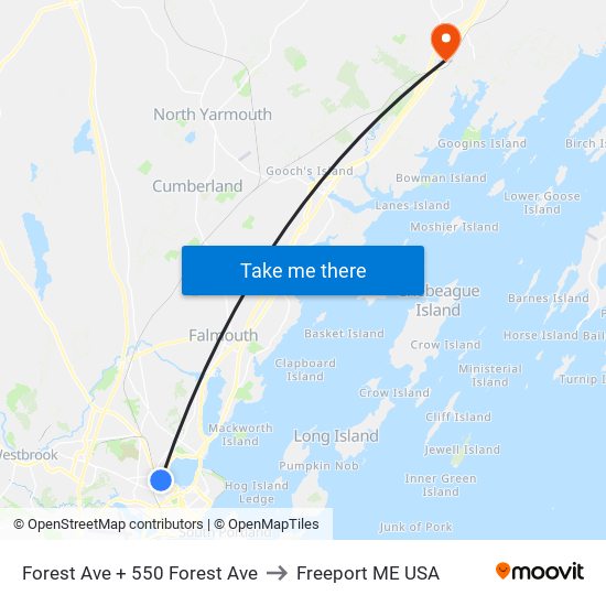 Forest Ave + 550 Forest Ave to Freeport ME USA map