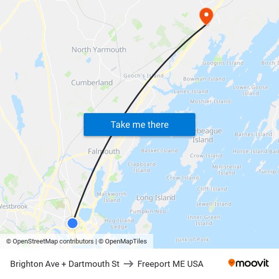 Brighton Ave + Dartmouth St to Freeport ME USA map