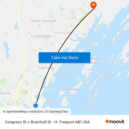 Congress St + Bramhall St to Freeport ME USA map