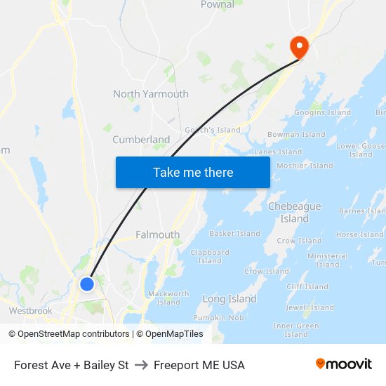 Forest Ave + Bailey St to Freeport ME USA map