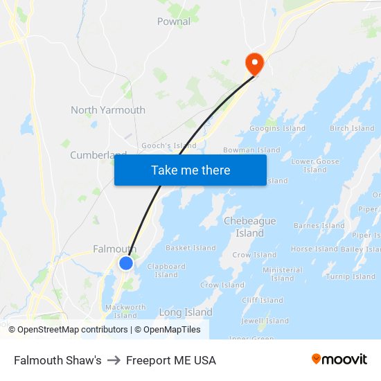 Falmouth Shaw's to Freeport ME USA map