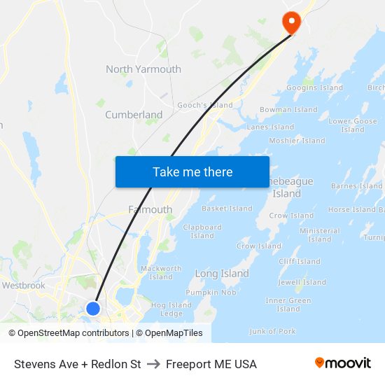 Stevens Ave + Redlon St to Freeport ME USA map