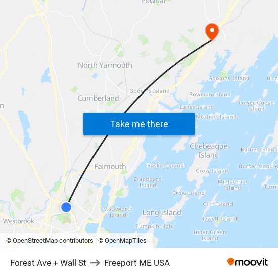 Forest Ave + Wall St to Freeport ME USA map