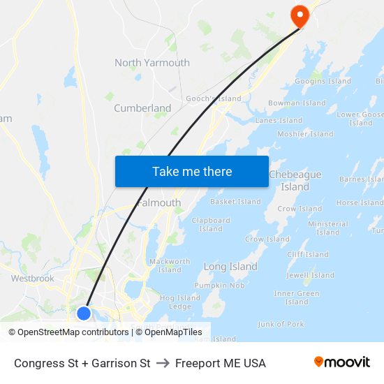 Congress St + Garrison St to Freeport ME USA map