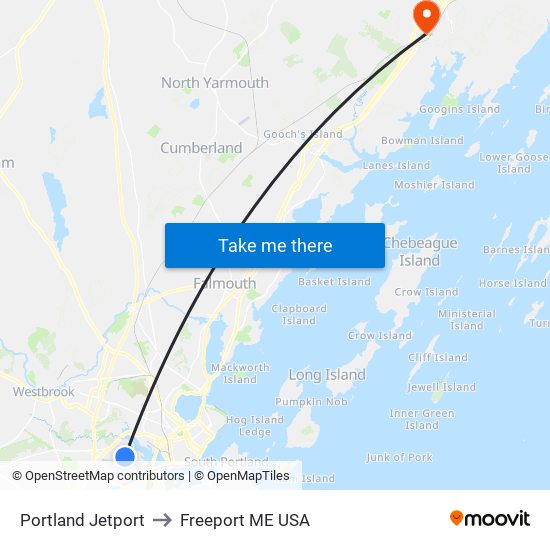 Portland Jetport to Freeport ME USA map