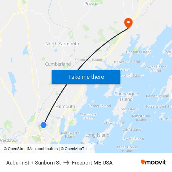 Auburn St + Sanborn St to Freeport ME USA map