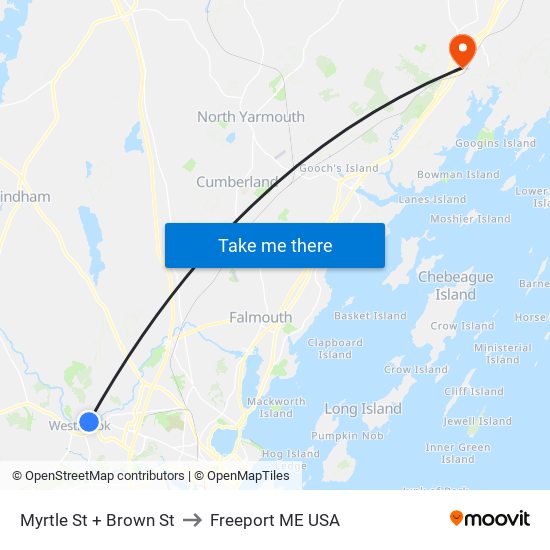 Myrtle St + Brown St to Freeport ME USA map