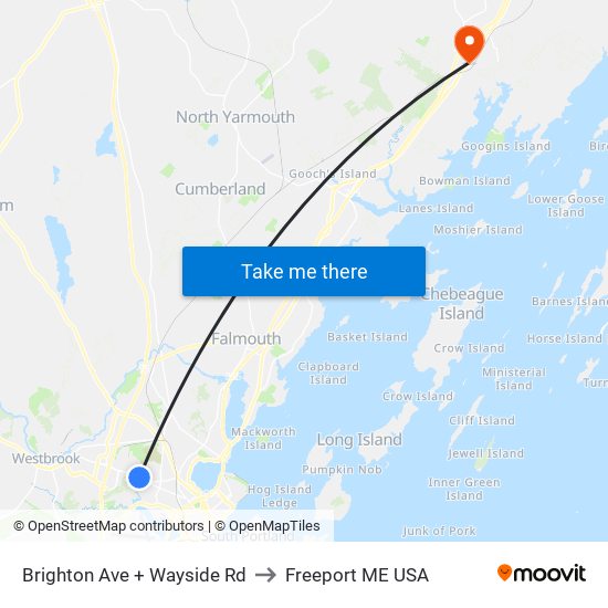 Brighton Ave + Wayside Rd to Freeport ME USA map