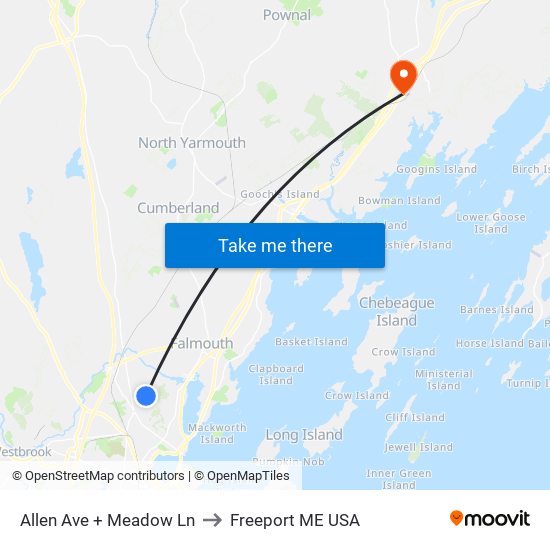 Allen Ave + Meadow Ln to Freeport ME USA map