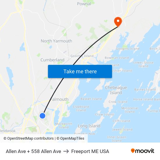 Allen Ave + 558 Allen Ave to Freeport ME USA map