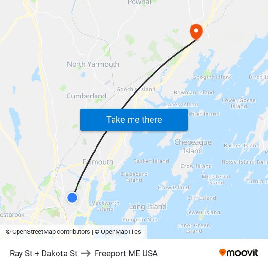 Ray St + Dakota St to Freeport ME USA map