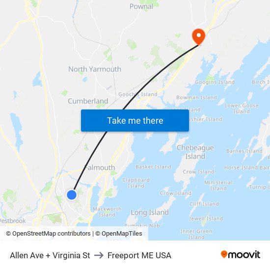 Allen Ave + Virginia St to Freeport ME USA map