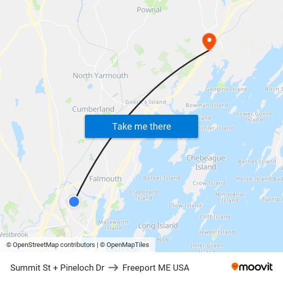 Summit St + Pineloch Dr to Freeport ME USA map