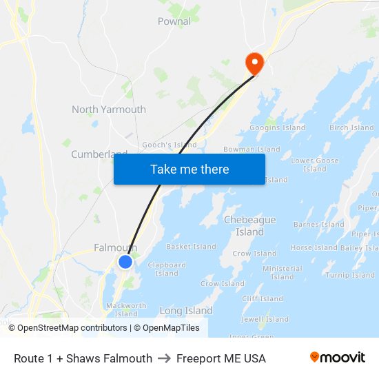 Route 1 + Shaws Falmouth to Freeport ME USA map