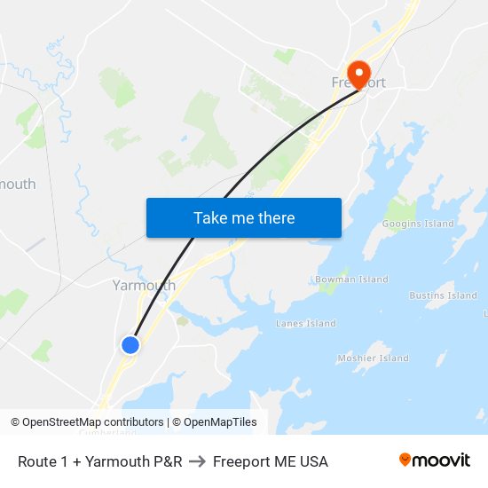 Route 1 + Yarmouth P&R to Freeport ME USA map