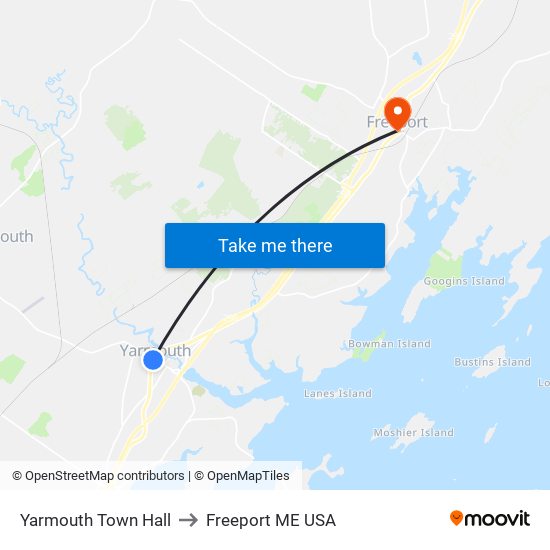 Yarmouth Town Hall to Freeport ME USA map