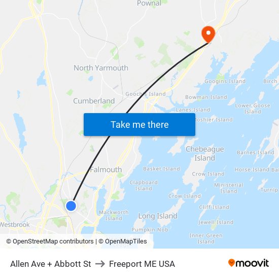 Allen Ave + Abbott St to Freeport ME USA map