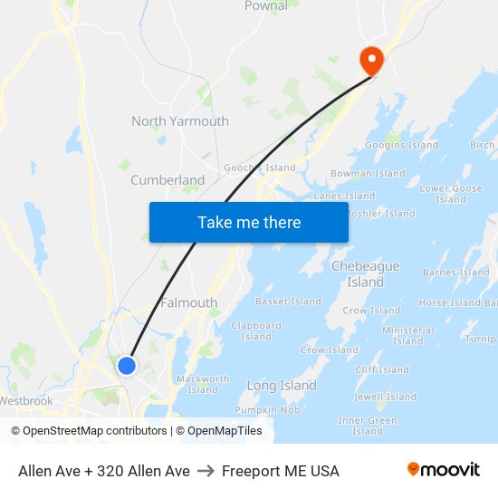 Allen Ave + 320 Allen Ave to Freeport ME USA map