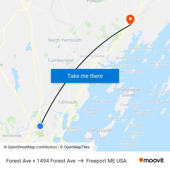 Forest Ave + 1494 Forest Ave to Freeport ME USA map