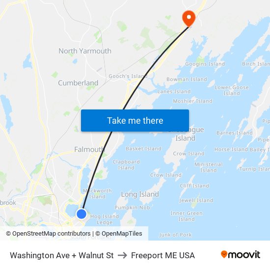 Washington Ave + Walnut St to Freeport ME USA map