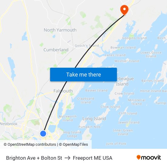 Brighton Ave + Bolton St to Freeport ME USA map