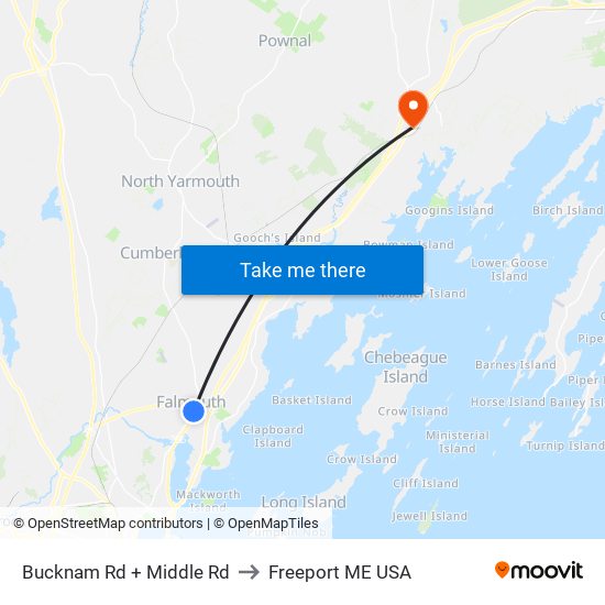 Bucknam Rd + Middle Rd to Freeport ME USA map