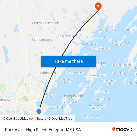 Park Ave + High St to Freeport ME USA map