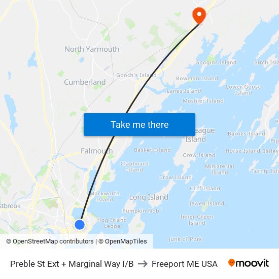 Preble St Ext + Marginal Way I/B to Freeport ME USA map