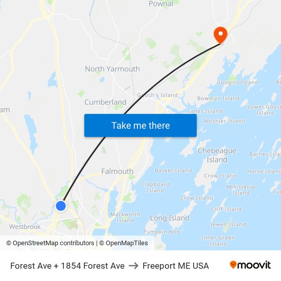 Forest Ave + 1854 Forest Ave to Freeport ME USA map