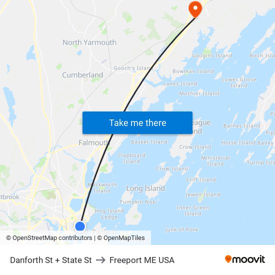 Danforth St + State St to Freeport ME USA map