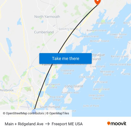 Main + Ridgeland Ave to Freeport ME USA map