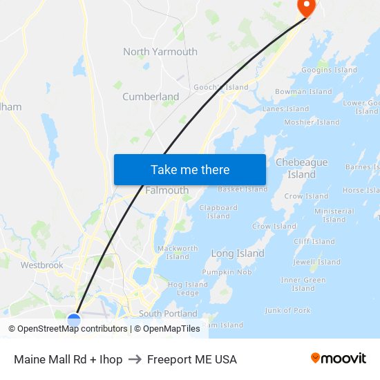 Maine Mall Rd + Ihop to Freeport ME USA map