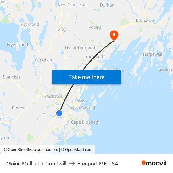 Maine Mall Rd + Goodwill to Freeport ME USA map