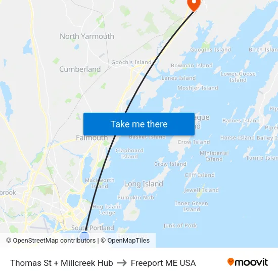 Thomas St + Millcreek Hub to Freeport ME USA map