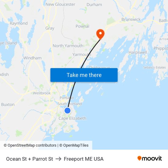 Ocean St + Parrot St to Freeport ME USA map