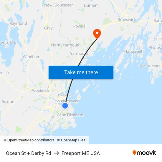 Ocean St + Derby Rd to Freeport ME USA map